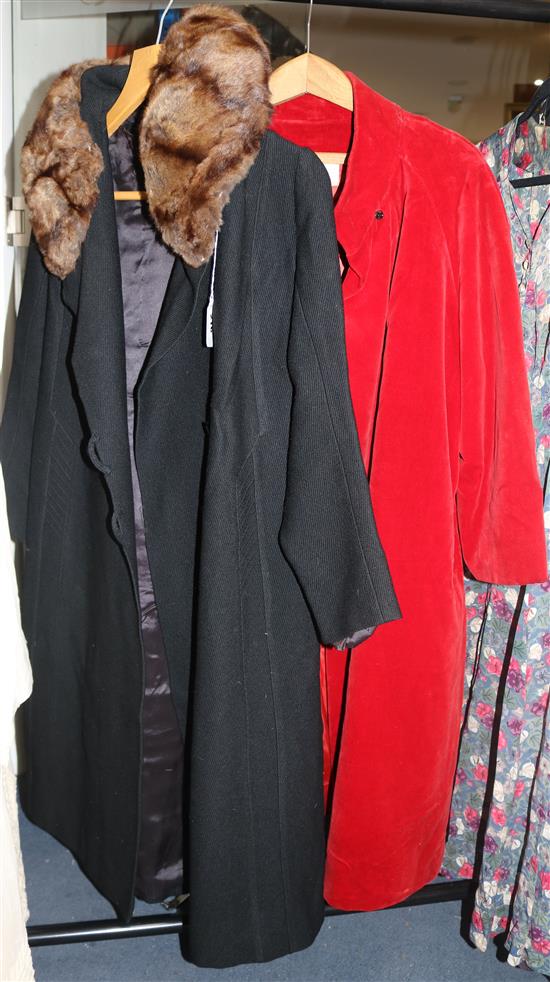 A 1930s black wool coat and an American red velvet duster coat